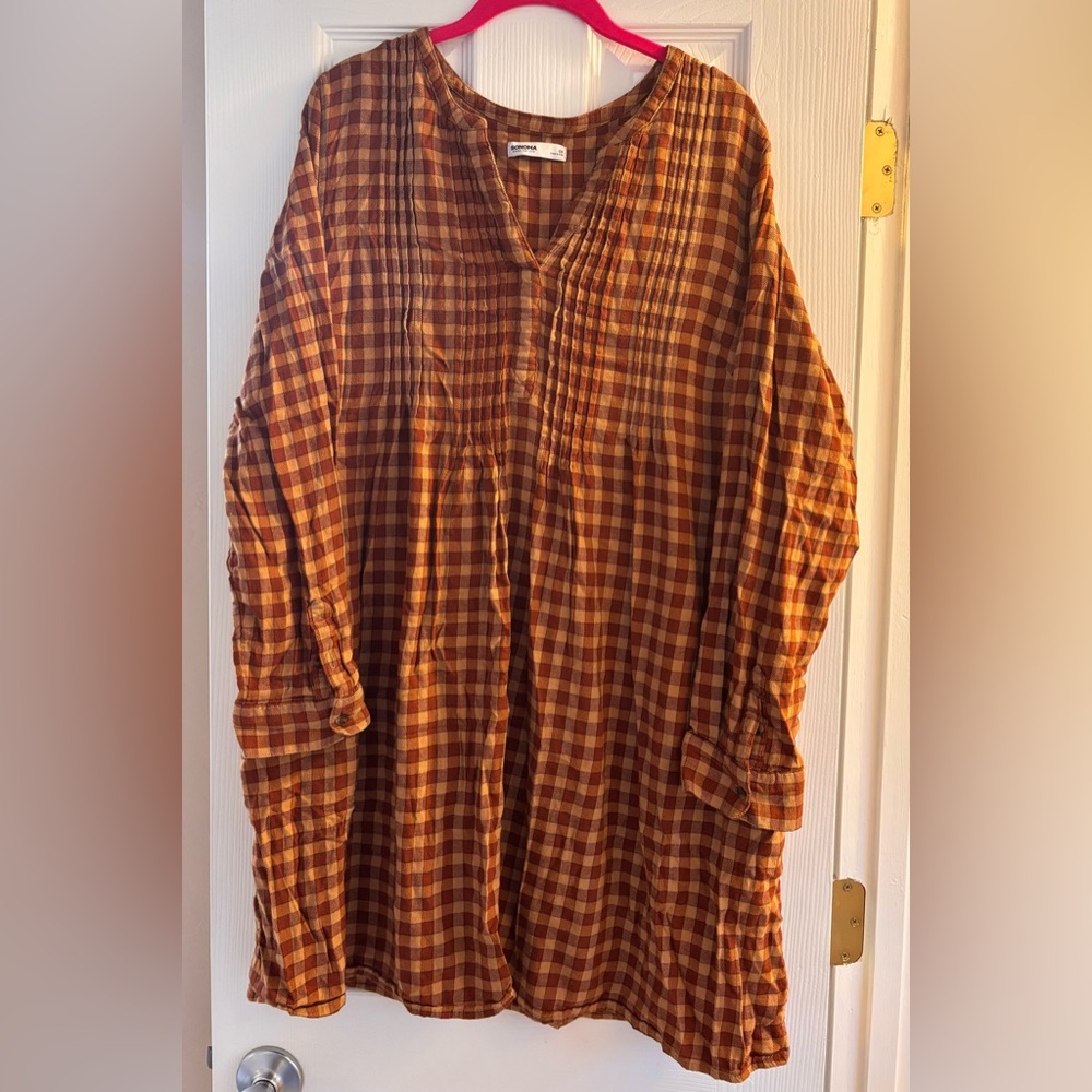 Sonoma Casual Plaid Button Down Shirt Dress - Brown and Tan